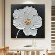 Minimalist Flower Wall Art Black White 3D Texture Painting on Canvas Large Floral Painting Gold Texture Wall Art Boho Living Room Wall Decor Stretched Frame Re