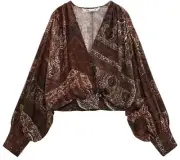 Zara Printed Balloon Sleeve Blouse Women's Large Whimsy Brick Paisley Boho Top
