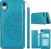 Cavor for iPhone XR Case Flower PU Leather Wallet Flip Magnetic Clasp Protective Back Cover Kickstand with Lanyard Card Slots Holder Shockproof Case for iPhone XR 6.1''-Horizontal Mandala Blue