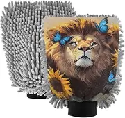 XYMZR Lion Sunflower Butterfly Absorbent Microfiber Car Wash Mitt, Funny Cute Anime Scratch Free for Cars Cleaning, Home Cleaning Mitts, 2 Pack, 10.24” L x 7.09” W