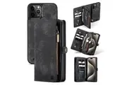 CaseMe For Apple iPhone 14 Pro Max Zipper & Detachable Retro Leather Pouch Wallet Flip Purse Bag Detachable Phone Case Cover (Black)