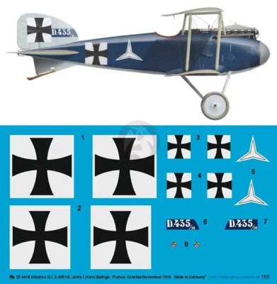 Peddinghaus 1/32 Albatros D.I Markings Hans Bethge Jasta 30 France 1916 WWI 4418