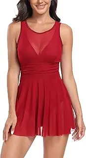 [KEOYA] Womens One Piece Swim Dress Tummy Control Mesh Swimsuit Ruched Cutout Bathing Suit High Waisted Skirted Swimwear