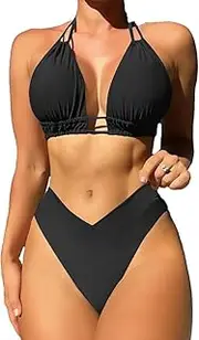 [Generic] 2 Piece Swimsuit for Women, Solid High Cut Bikini Sets, Sexy Spaghetti Strap Tie Back Triangle Beach Bathing Suits