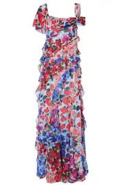 [CAROLINA HERRERA] JARDIN PRINT ONE SHOULDER GOWN US 12 BLUE