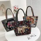 1Pcs Elephant Peacock Rabbit Canvas Handbag Animal Ethnic Style Tote Bag Women