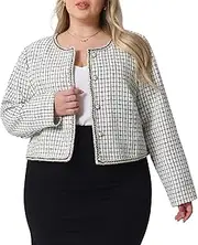 [Agnes Orinda] Plus Size Plaid Tweed Blazer for Women Collarless Long Sleeve Open Front Work Short Jacket