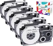Hehua XR-12WE XR12WE XR-12WE2S 12mm Label IT Tape Compatible for Casio KL-100 Label Tape Black on White Tape for Casio Label Maker KL-60 KL100 KL-120 KL-430 KL-750 KL-780 KL-7000, 1/2" x 26', 5 Pack