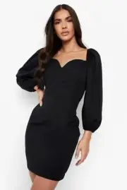 Boohoo Womens Dress Sz 10 Black Sweetheart Balloon Sleeve Mini Sheath Event BNWT