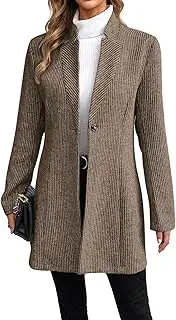 [Chartou] Womens Long Sleeve Casual Wool Jacket Blazer 1 Button Winter Coat Mid-Long Stand Collar Open Front Overcoat