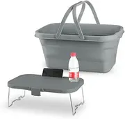 Portable Picnic Storage Basket with Folding Table Tray, Grey, Camping and Outdoor Use