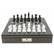 Dal Rossi Italy Carbon Fibre Shiny Finish Chess Box 16 inch With Black And White Chess Pieces