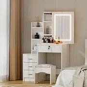 Artiss Dressing Table, Dressing Table with Mirror Lights, LED Mirror Makeup Stool Set Wooden Vanity Desk Chair, Home Bedroom Furniture Girls Women Organisers, Drawers Sliding Door White