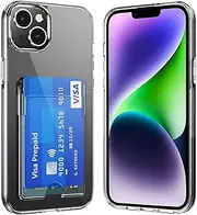 Emanya Case for iPhone 14/iPhone 13 with Credit Card Holder, Raised Edges for Camera Lens Protection, 360°Full Protection Cell Phone Cover-Crystal Clear