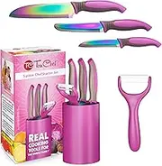 Kids Knife Set for Cooking - 5 Piece Cook Set in Pink - Cooking Supplies With Chef Knife, Paring Knife, Peeler, Serrated Knife & Universal Holder