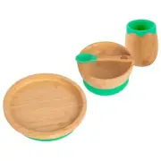 4pc Tiny Dining Green Round Bamboo Baby Feeding Set Weaning Plate Bowl Spoon