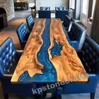 Custom Black Walnut Wood Pearl Blue Epoxy River Dining Table / Sofa Table