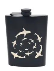 Liquor Hip Pocket Flask and Funnel, Engraved Shark Circle Art Drinking Gift