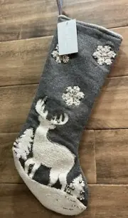 Nicole Miller Wool Beaded Bells Heavyweight REINDEER Grey Christmas Stocking 22"