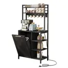 6-Tier Freestanding Kitchen Bakers Rack w/ Trash Can Bin Cabinet & Power Outlet