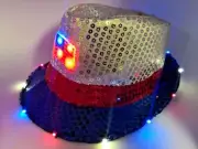 Light Up Red White Blue July 4 Fedora Hat Flashing 14 LED 3xAAA Patriotic US