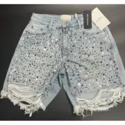 OneTeaspoon NWT Hand Beaded Jackson Mid Waist Wide Leg Shorts Size 25 MSRP $299