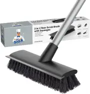 Floor Scrub Brush with Long Handle, 2 in 1 Floor Scrubber and Squeegee Cleaning