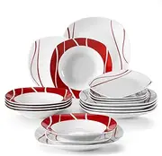 [MALACASA] Dinnerware Sets, 18-Piece Porcelain Square Dishes, Gray White with Red Rim, Modern Dish Set for 6 - Plates and Bowls Sets, Ideal for Dessert, Salad, and Pasta - Series FELISA