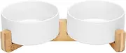 Ceramic Dog and Cat Bowl with Wood Stand Non-Slip Matte Glaze Weighted Food Water Set for Cat Medium Dog 28.7 OZ, White