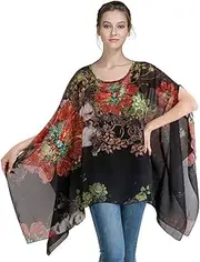 [Max Hsuan] Women's Loose Solid Sheer Chiffon Caftan Poncho Batwing Tunic Top Blouse Summer Oversized Shirts