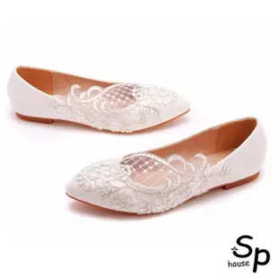 【Sp house】仙女日常花朵蕾絲尖頭平底娃娃鞋(白色)