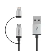 Mbeat 1m Lightning and Micro USB Data Cable - 2-in-1/Aluminmum Shell Crush-Proof/Nylon Braided/Silver/ Apple/Andriod Tablet Mobile Device