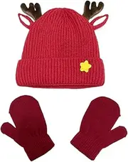 [HUSSATOP] Toddler Winter Beanie Hat with Mitten Set Antlers Reindeer Crochet Knitted Winter Warm Cap Set