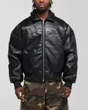 [LOITER] Loiter Solar Vegan Leather Varsity Jacket Black - Size M M Black