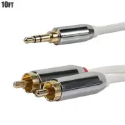 10 FT 3.5 mm Auxiliary Aux Plug to 2-RCA L R Jacks Gold Plated Audio Cable White