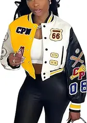 [Glitrandi] Varsity Jacket Women with Patches Print Cropped Bomber Leather Jacket Women 2023 S-XXL