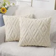 CJWLKJ 2Pcs Soft Faux Fur Throw Pillow Covers 18x18 - Plush Short Wool Velvet Decorative Pillow Covers - Couch Sofa Pillow Covers for Living Room - with 3D Diamond Pattern (Beige)