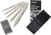 BRUSTRO Woodless Charcoal Pencil Set of 6 (3 Soft, 2 Medium, 1 Hard) with Blending stump set And 2 kneadable erasers.