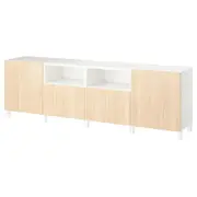 BESTÅ TV bench with doors and drawers, white/Fänrik/Stubbarp ash, 240x42x74 cm