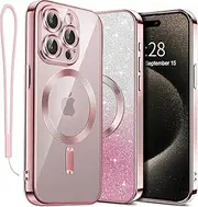 for iPhone 13 Pro Max Case Clear Magnetic Glitter Phone Cases [Compatible with MagSafe] Protector Slim Sparkle Luxury Plating Shockproof Protective Cover Women (Pink, iPhone 13 PRO MAX)