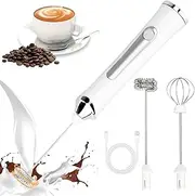 Handheld Electric Milk Frother with 2 Heads, Coffee Whisk Foam Mixer with USB-C Rechargeable 3 Speeds, Foam Maker Blender for Latte, Cappuccino, Hot Chocolate, Egg, Matcha (White)