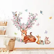Supzone Forest Animal Deer Rabbit Butterfly Wall Decals Creative Branch Flower Deer Horn Wall Stickers Peel and Stick Wall Art Decor for Baby Nursery Kids Baby Room Living Room Bedroom