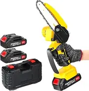 Mini Chainsaw 6 Inch, 21V Cordless Electric Handheld Chainsaw with 2 Super Chains, lectric Wood Pruning Saw with Safety Lock 2 x1500mA Batteries for Cutting Trees Wood Yellow (550W)