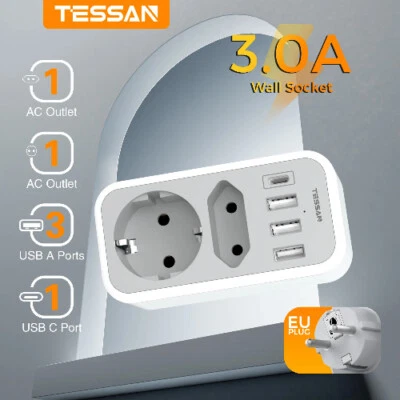 Wall Socket with 2 AC Outlets +3 USB Ports +1 Type C EU Plug Power Adapter