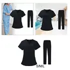 Women's Black Scrubs Set Work Uniforms Top and Pants Scrubs Elastic Waistband