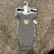 Carter’s NWT 9 Months Set Of 5 Bodysuits Black Gold White Love Baby Girls Dogs