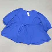 Torrid Shirt Womens 4 Long Sleeve Blouse V Neck Blue Rayon Lightweight Tie Front