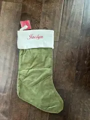 NWT Pottery Barn Classic Med Green Ivory Velvet Christmas Stocking Mono Jaclyn