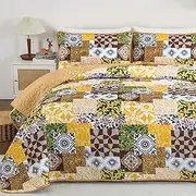 Mybedsoul Yellow Quilt Set Queen Size, 3 Pieces Patchwork Bedspread Set Geometric Plaid Bedspread Coverlet Set Soft Microfiber Reversible Lightweight Bedding Set for All Season 96" x 90"