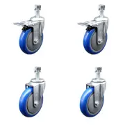 5 Inch SS Blue Polyurethane ½ Inch Threaded Stem Caster Set 2 Total Lock Brake